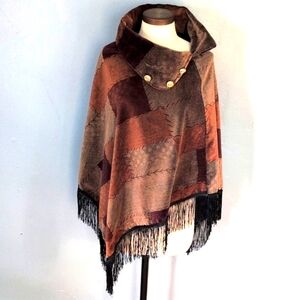 Earthy faux patchwork cowel neck shawl poncho w gold buttons and fringe . Med.